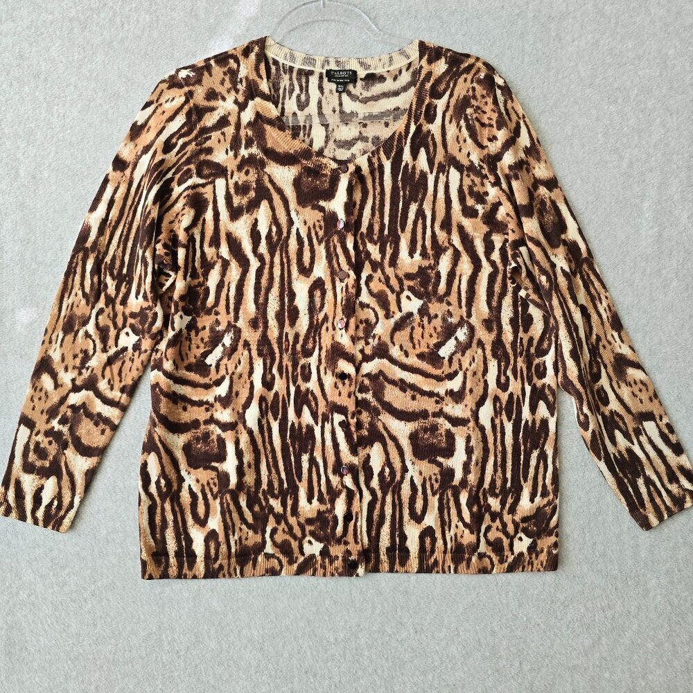 Talbots Women 2X Animal Print Cardigan 100% Merino Wool Mob Wife Sweater Office